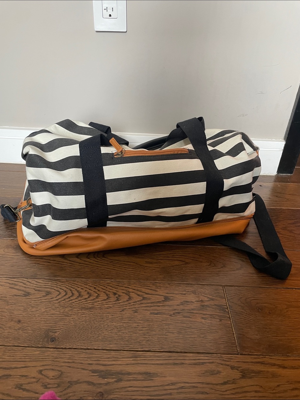 Canvas Striped Duffel Bag in Black & Tan